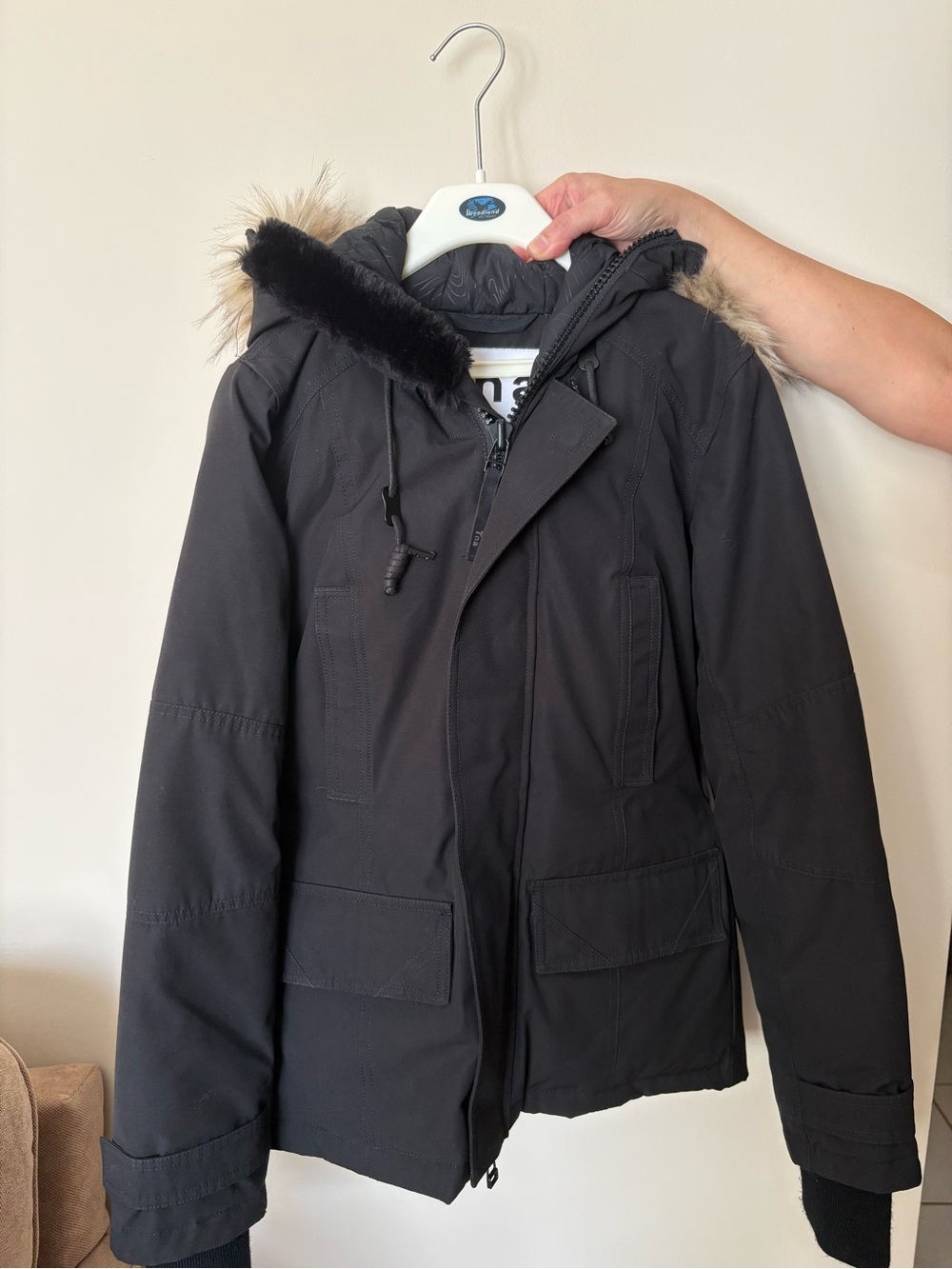 TNA Black Hooded Puffer Coat with Faux Fur Trim